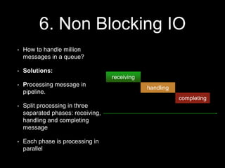 6. Non Blocking IO
• How to handle million
messages in a queue?
• Solutions:
• Processing message in
pipeline.
• Split processing in three
separated phases: receiving,
handling and completing
message
• Each phase is processing in
parallel
receiving
handling
completing
 