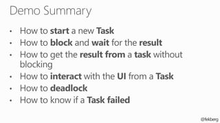 Task.Run(() => { /* Lots of work to do! */ })
.ContinueWith((t) => { Debug.WriteLine("Done!"); });
await Task.Run(() => { ...