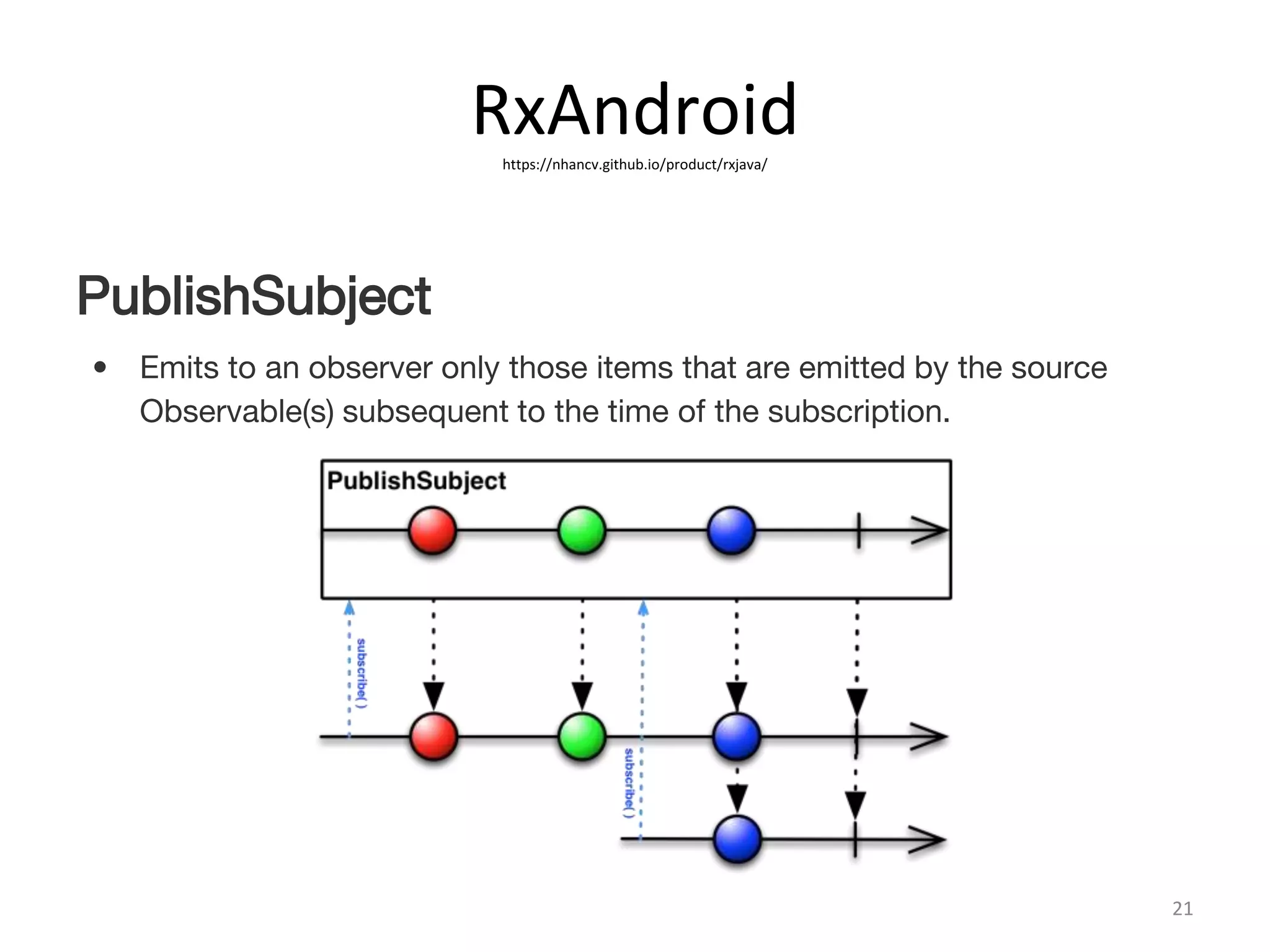 RxAndroidhttps://nhancv.github.io/product/rxjava/
21
PublishSubject
• Emits to an observer only those items that are emitted by the source
Observable(s) subsequent to the time of the subscription.
 