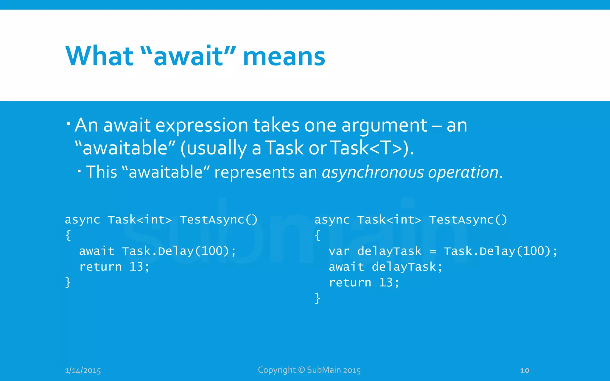 What “await” means
An await expression takes one argument – an
“awaitable” (usually aTask orTask<T>).
 This “awaitable” represents an asynchronous operation.
1/14/2015
async Task<int> TestAsync()
{
await Task.Delay(100);
return 13;
}
Copyright © SubMain 2015 10
async Task<int> TestAsync()
{
var delayTask = Task.Delay(100);
await delayTask;
return 13;
}
 