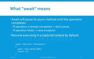 What “await” means
Await will pause its async method until the operation
completes.
 If operation is already completed -> don’t pause.
 If operation faults -> raise exception.
Resume executing in a captured context by default.
1/14/2015
async Task<int> TestAsync()
{
await Task.Delay(100);
return 13;
}
Copyright © SubMain 2015 11
 