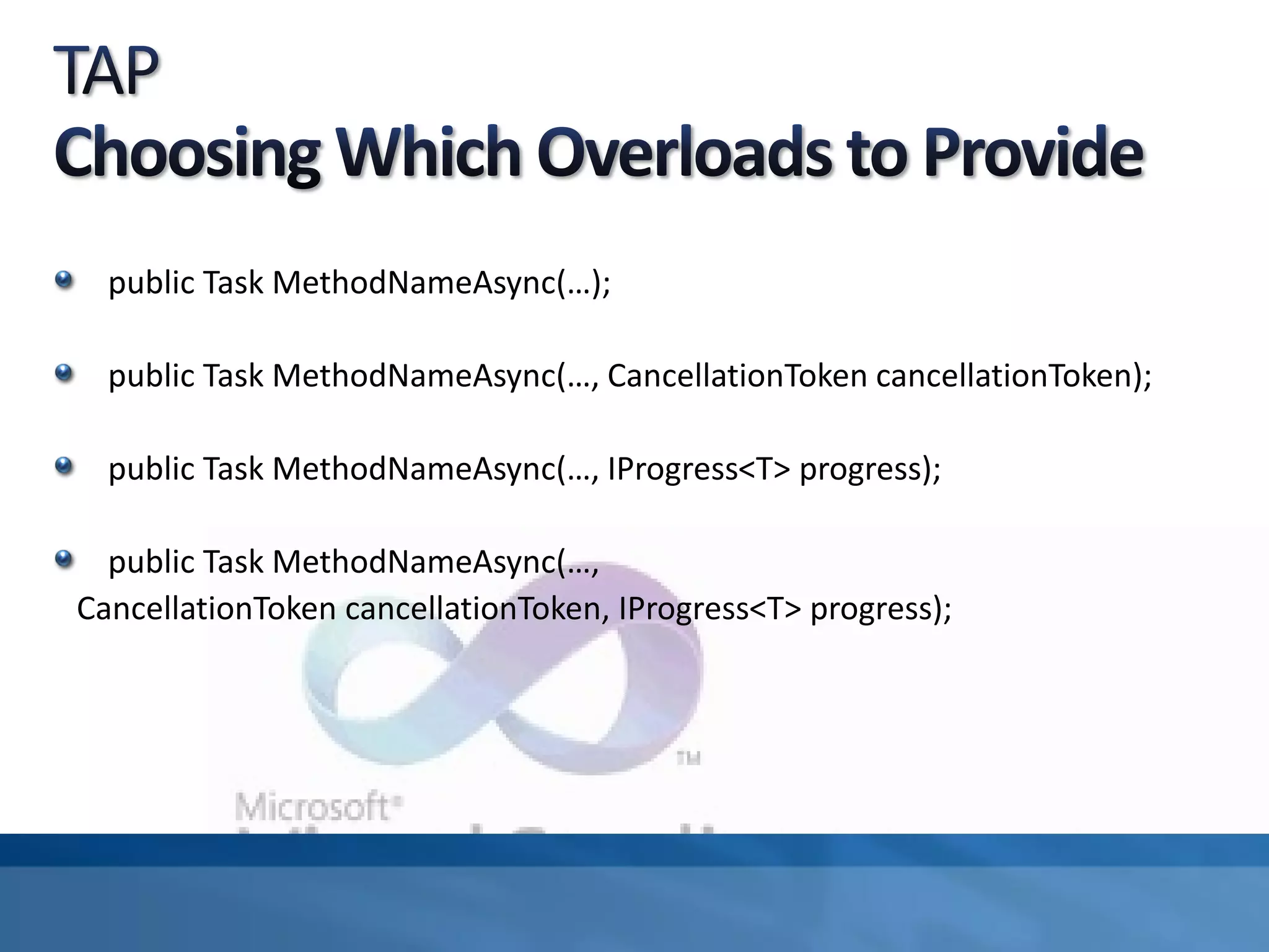 public Task MethodNameAsync(…);
public Task MethodNameAsync(…, CancellationToken cancellationToken);
public Task MethodNameAsync(…, IProgress<T> progress);
public Task MethodNameAsync(…,
CancellationToken cancellationToken, IProgress<T> progress);
 