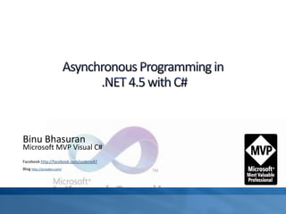 Binu Bhasuran
Microsoft MVP Visual C#
Facebook http://facebook.com/codeno47
Blog http://proxdev.com/
 