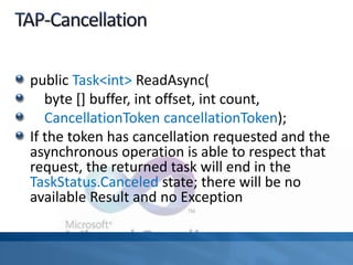 public Task<int> ReadAsync(
byte [] buffer, int offset, int count,
CancellationToken cancellationToken);
If the token has cancellation requested and the
asynchronous operation is able to respect that
request, the returned task will end in the
TaskStatus.Canceled state; there will be no
available Result and no Exception
 