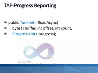 public Task<int> ReadAsync(
byte [] buffer, int offset, int count,
IProgress<int> progress);
 