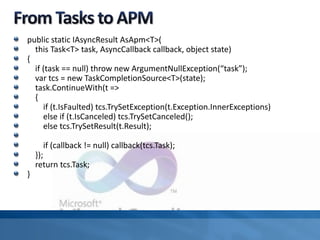 public static IAsyncResult AsApm<T>(
this Task<T> task, AsyncCallback callback, object state)
{
if (task == null) throw new ArgumentNullException(“task”);
var tcs = new TaskCompletionSource<T>(state);
task.ContinueWith(t =>
{
if (t.IsFaulted) tcs.TrySetException(t.Exception.InnerExceptions)
else if (t.IsCanceled) tcs.TrySetCanceled();
else tcs.TrySetResult(t.Result);
if (callback != null) callback(tcs.Task);
});
return tcs.Task;
}
 
