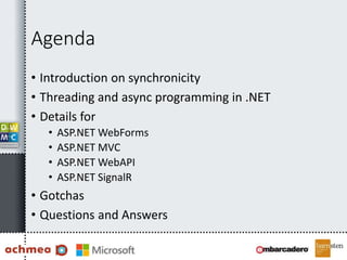 Agenda
• Introduction on synchronicity
• Threading and async programming in .NET
• Details for
• ASP.NET WebForms
• ASP.NET MVC
• ASP.NET WebAPI
• ASP.NET SignalR
• Gotchas
• Questions and Answers
 