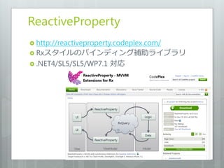 ReactiveProperty
 http://reactiveproperty.codeplex.com/
 Rxスタイルのバインディング補助ライブラリ
 .NET4/SL5/SL5/WP7.1   対応
 