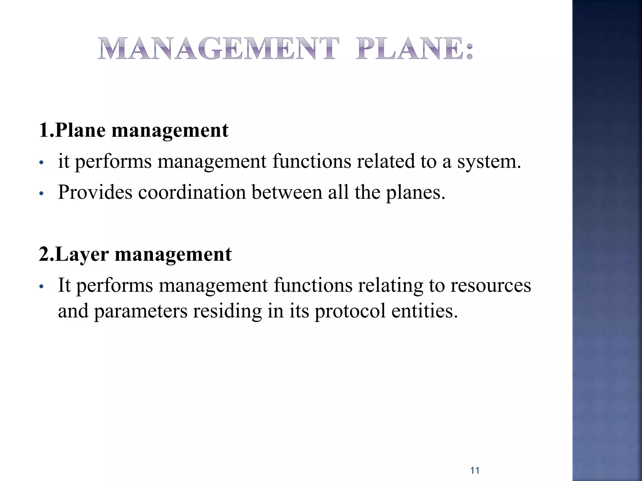 1.Plane management
• it performs management functions related to a system.
• Provides coordination between all the planes.
2.Layer management
• It performs management functions relating to resources
and parameters residing in its protocol entities.
11
 