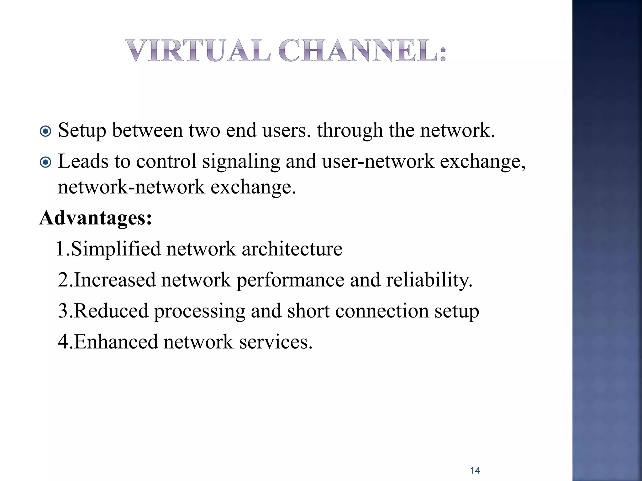  Setup between two end users. through the network.
 Leads to control signaling and user-network exchange,
network-network exchange.
Advantages:
1.Simplified network architecture
2.Increased network performance and reliability.
3.Reduced processing and short connection setup
4.Enhanced network services.
14
 