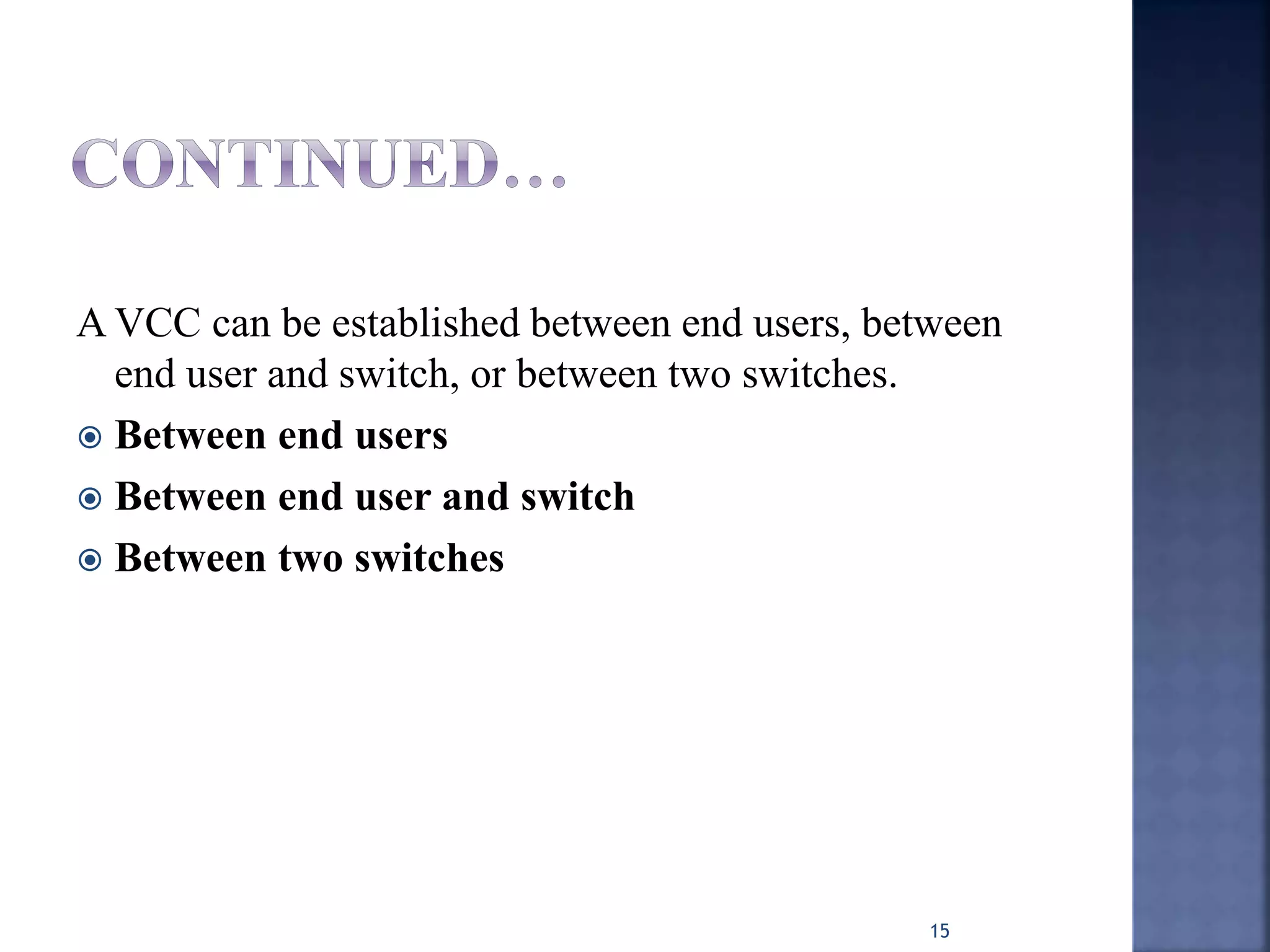 A VCC can be established between end users, between
end user and switch, or between two switches.
 Between end users
 Between end user and switch
 Between two switches
15
 