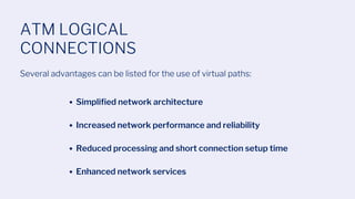 ATM LOGICAL
CONNECTIONS
Several advantages can be listed for the use of virtual paths:
Simplified network architecture
Increased network performance and reliability
Reduced processing and short connection setup time
Enhanced network services
 