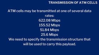 TRANSMISSION OF ATM CELLS
ATM cells may be transmitted at one of several data
rates:
622.08 Mbps
155.52 Mbps
51.84 Mbps
25.6 Mbps
We need to specify the transmission structure that
will be used to carry this payload.
 