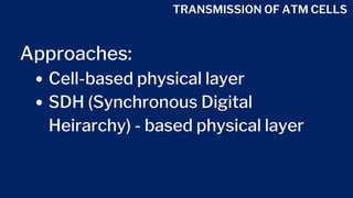 TRANSMISSION OF ATM CELLS
Cell-based physical layer
SDH (Synchronous Digital
Heirarchy) - based physical layer
Approaches:
 