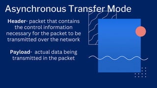 Asynchronous Transfer Mode
Payload- actual data being
transmitted in the packet
Header- packet that contains
the control information
necessary for the packet to be
transmitted over the network
 