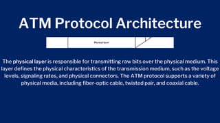 ATM Protocol Architecture
The physical layer is responsible for transmitting raw bits over the physical medium. This
layer defines the physical characteristics of the transmission medium, such as the voltage
levels, signaling rates, and physical connectors. The ATM protocol supports a variety of
physical media, including fiber-optic cable, twisted pair, and coaxial cable.
 