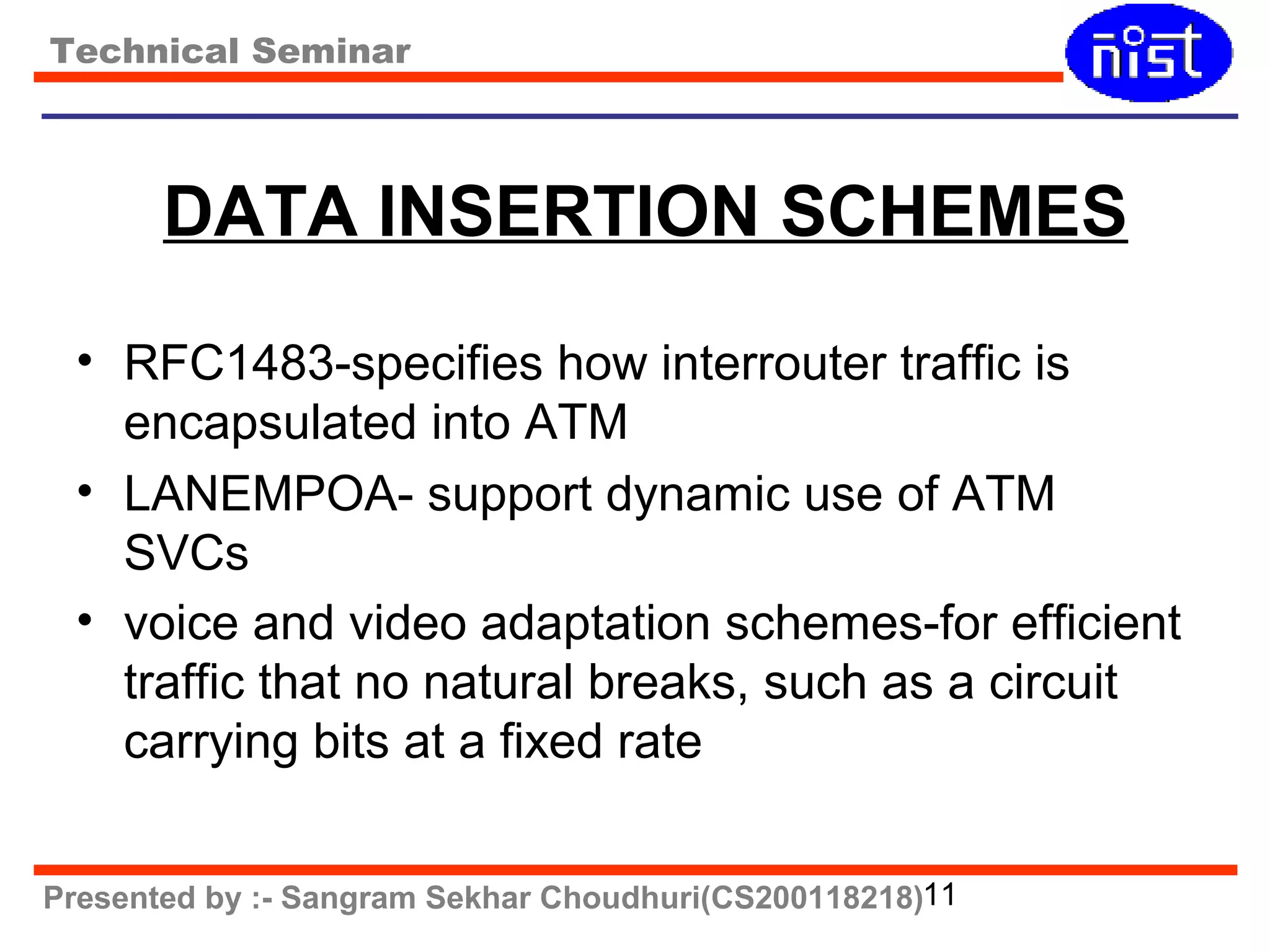 Technical Seminar 
DATA INSERTION SCHEMES 
• RFC1483-specifies how interrouter traffic is 
encapsulated into ATM 
• LANEMPOA- support dynamic use of ATM 
SVCs 
• voice and video adaptation schemes-for efficient 
traffic that no natural breaks, such as a circuit 
carrying bits at a fixed rate 
Presented by :- Sangram Sekhar Choudhuri(CS200118218)11 
 