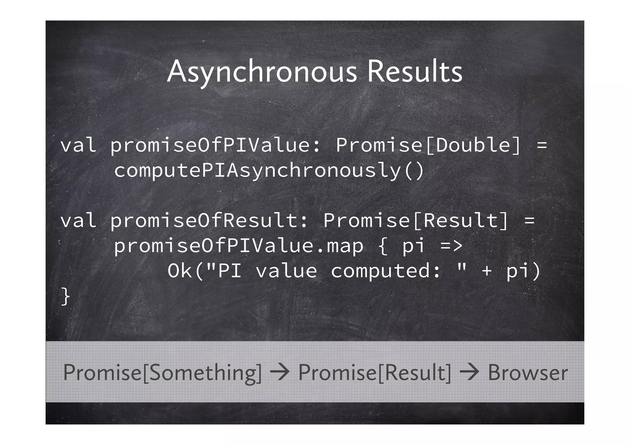 Asynchronous Results

val promiseOfPIValue: Promise[Double] =
    computePIAsynchronously()

val promiseOfResult: Promise[Result] =
    promiseOfPIValue.map { pi =>
         Ok("PI value computed: " + pi)
}


Promise[Something]   Promise[Result]   Browser
 