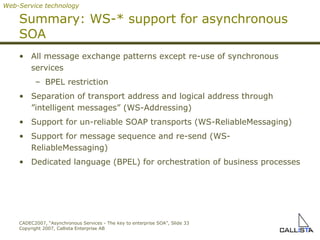 Summary:  WS- *  support for asynchronous SOA All message exchange patterns except re-use of synchronous services BPEL restriction Separation of transport address and logical address through ”intelligent messages” (WS-Addressing) Support for un-reliable  SOAP transports (WS-ReliableMessaging) Support for message sequence and re-send  (WS-ReliableMessaging) Dedicated language ( BPEL ) for orchestration of   business process es Web-Service technology 
