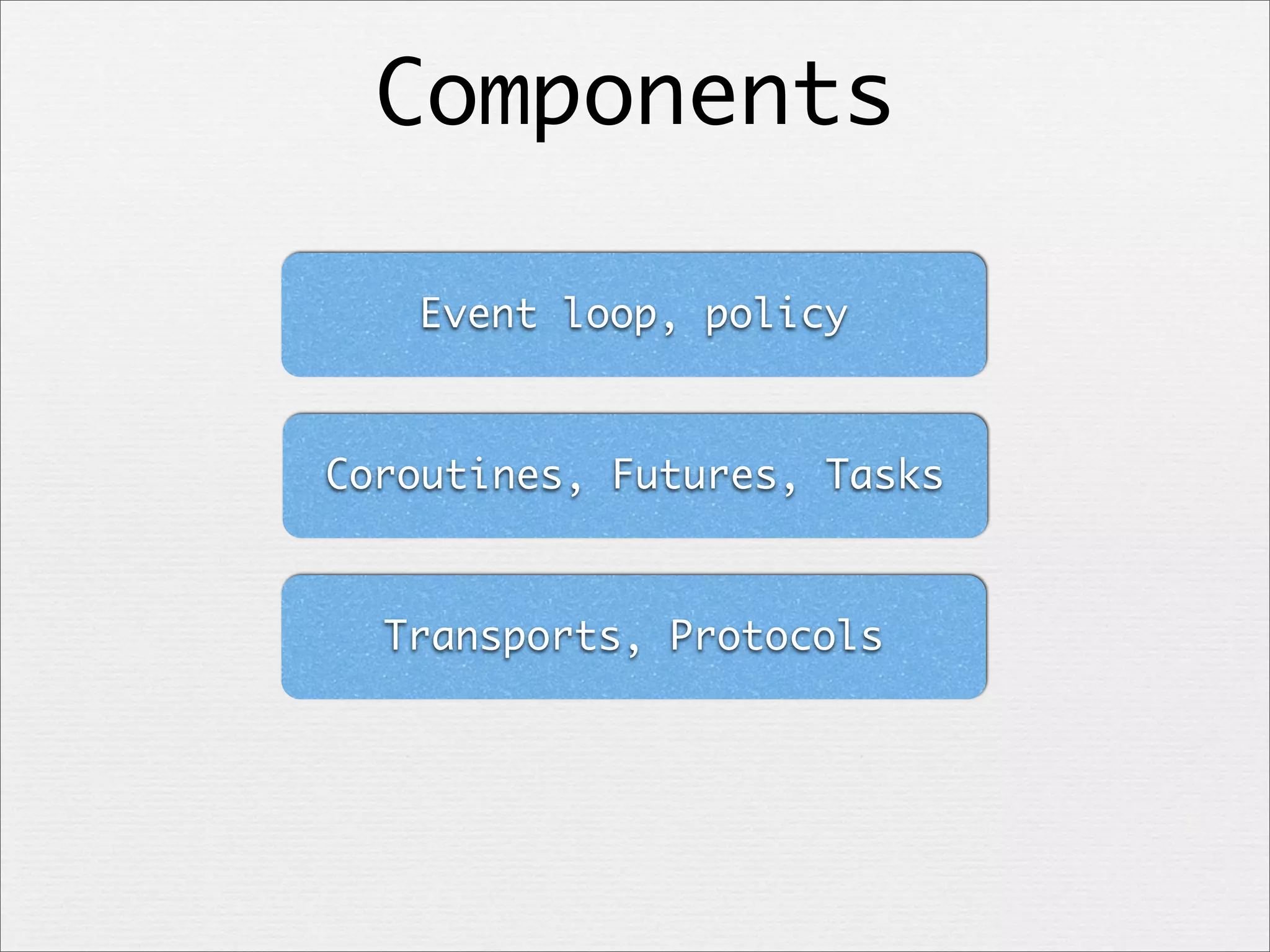 Components
Event loop, policy

Coroutines, Futures, Tasks

Transports, Protocols

 