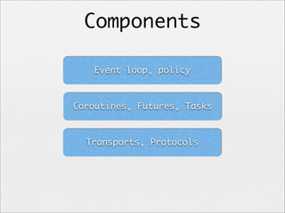Components
Event loop, policy

Coroutines, Futures, Tasks

Transports, Protocols

 