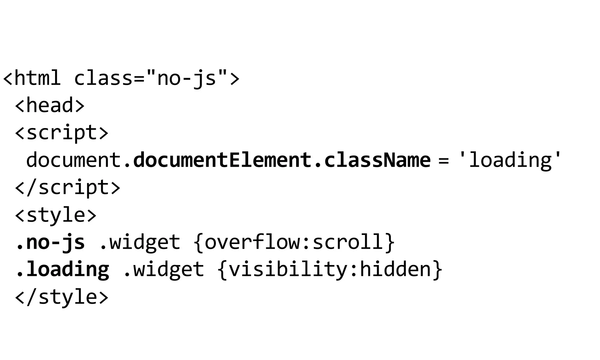 <html  class="no-­‐js">
  <head>
  <script>
    document.documentElement.className      loading'
                                        ='
  </script>
  <style>
  .no-­‐js  .widget  {overflow:scroll}
  .loading  .widget  {visibility:hidden}
  </style>
 