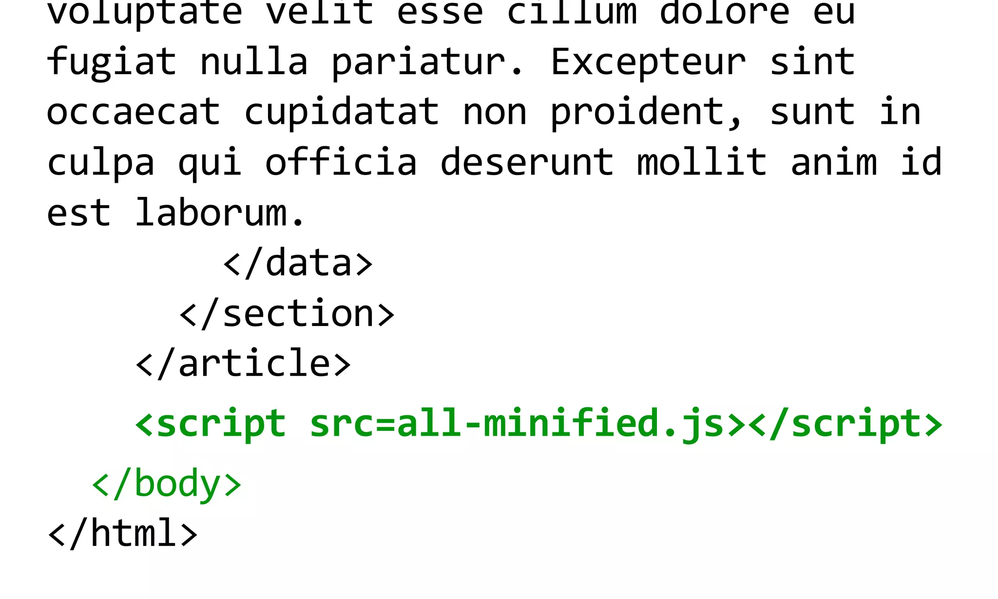 voluptate  velit  esse  cillum  dolore  eu  
fugiat  nulla  pariatur.  Excepteur  sint  
occaecat  cupidatat  non  proident,  sunt  in  
culpa  qui  officia  deserunt  mollit  anim  id  
est  laborum.
                </data>
            </section>
        </article>
        <script  src=all-­‐minified.js></script>
    </body>
</html>
 