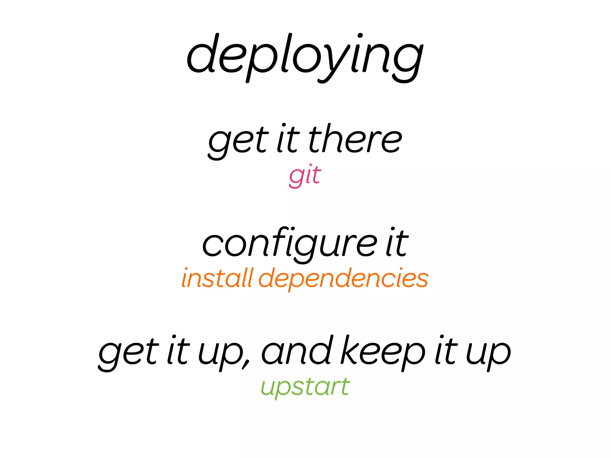 deploying
       get it there
             git

      conﬁgure it
     install dependencies

get it up, and keep it up
           upstart
 