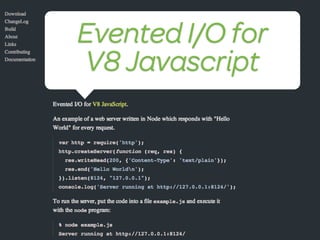 Evented I/O for
V8 Javascript
 