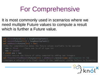 For Comprehensive
It is most commonly used in scenarios where we
need multiple Future values to compute a result
which is further a Future value.
It is most commonly used in scenarios where we
need multiple Future values to compute a result
which is further a Future value.
 