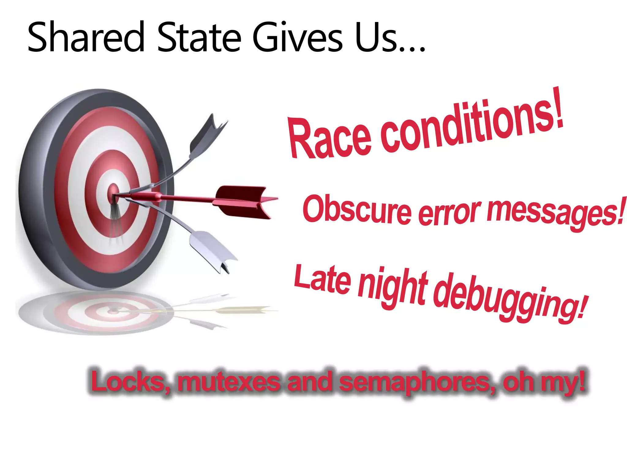 Shared State Gives Us…Race conditions!Obscure error messages!Late night debugging!Locks, mutexes and semaphores, oh my!Microsoft Confidential