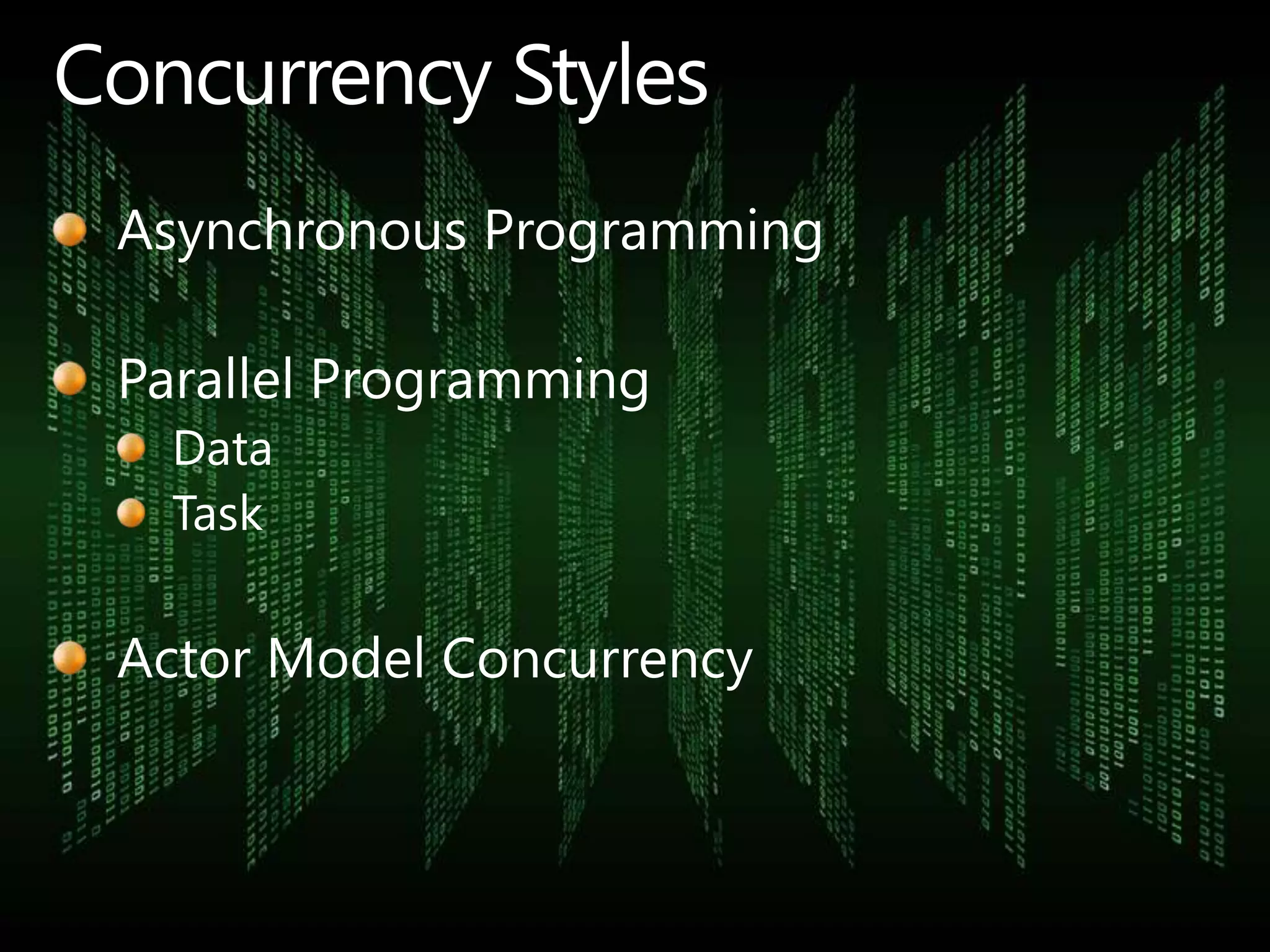 Concurrency StylesAsynchronous ProgrammingParallel ProgrammingDataTaskActor Model Concurrency