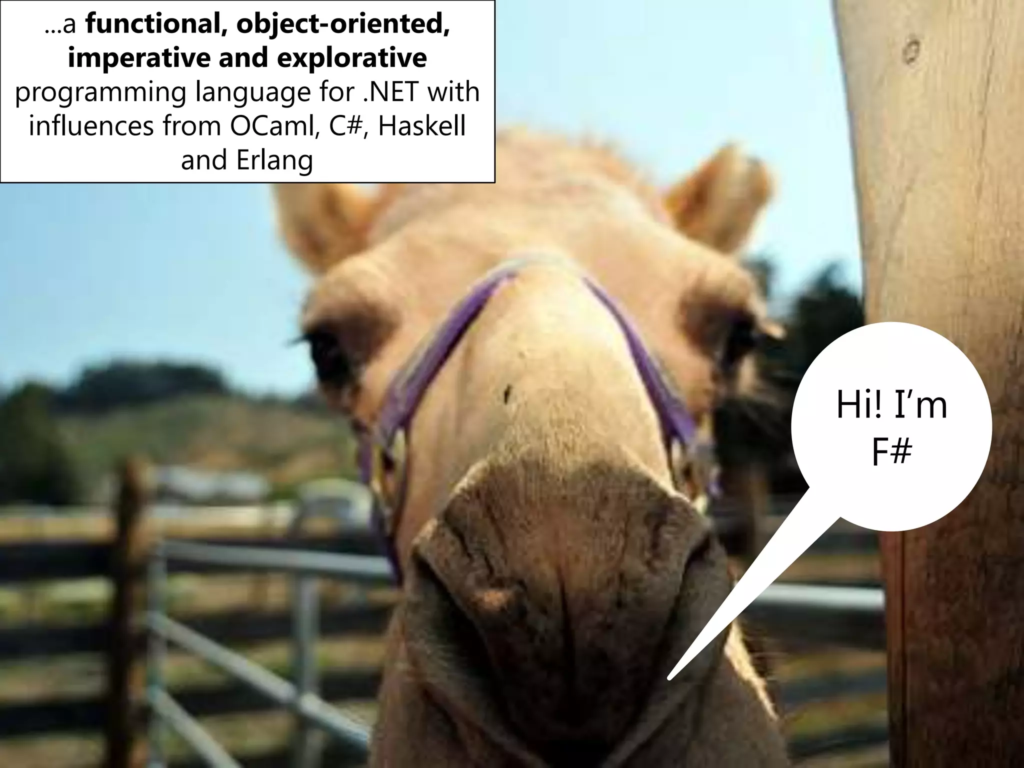 ...a functional, object-oriented, imperative and explorative programming language for .NET with influences from OCaml, C#, Haskell and ErlangHi! I’m F#