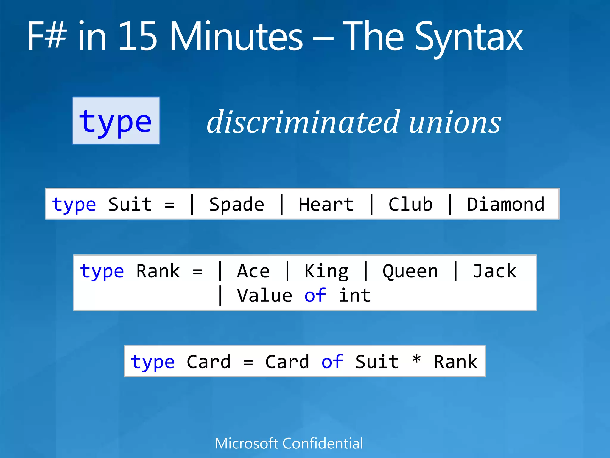 F# in 15 Minutes – The Syntaxdiscriminated unionstypetype Suit = | Spade | Heart | Club | Diamondtype Rank = | Ace | King | Queen | Jack            | Value ofinttype Card = Card of Suit * RankMicrosoft Confidential
