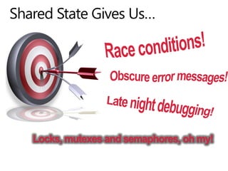Shared State Gives Us…Race conditions!Obscure error messages!Late night debugging!Locks, mutexes and semaphores, oh my!Microsoft Confidential