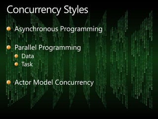 Concurrency StylesAsynchronous ProgrammingParallel ProgrammingDataTaskActor Model Concurrency