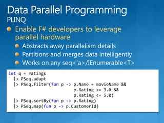 Data Parallel ProgrammingPLINQEnable F# developers to leverage parallel hardwareAbstracts away parallelism detailsPartitions and merges data intelligentlyWorks on any seq&lt;&apos;a&gt;/IEnumerable&lt;T&gt;let q = ratings  |&gt; PSeq.adapt  |&gt; PSeq.filter(funp -&gt;p.Name = movieName &&p.Rating &gt;= 3.0 &&p.Rating &lt;= 5.0)  |&gt; PSeq.sortBy(fun p -&gt;p.Rating)  |&gt; PSeq.map(funp -&gt;p.CustomerId)
