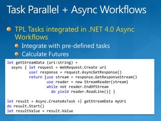Task Parallel + Async WorkflowsTPL Tasks integrated in .NET 4.0 Async WorkflowsIntegrate with pre-defined tasksCalculate FuturesletgetStreamData (uri:string) =async { let request = WebRequest.Createuriuse! response = request.AsyncGetResponse()return [use stream = response.GetResponseStream()use reader = new StreamReader(stream)while not reader.EndOfStreamdoyieldreader.ReadLine()] }let result = Async.CreateAsTask &lt;| getStreamDatamyUrido result.Start()letresultValue = result.Value