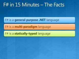 F# in 15 Minutes – The FactsF# is a general purpose .NETlanguageF# is a multi-paradigm languageF# is a statically-typed language