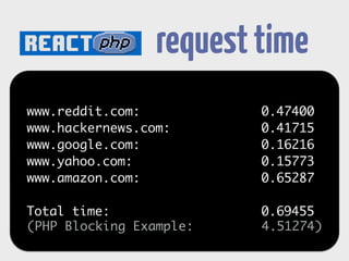 page scraper 
$factory = new ReactDnsResolverFactory(); 
$dns = $factory->create('8.8.8.8', $loop); 
$urls = ['www.amazon.com',...]; 
$msg = "GET / HTTP/1.0rnAccept: */*rnrn"; 
! 
foreach($urls as $url) { 
$connector = new ReactSocketClientConnector($loop, $dns); 
$connector->create($url, 80)->then( 
function (ReactStreamStream $stream) use ($msg){ 
$stream->write($msg); 
$stream->on('data', function($data, $stream) { 
// buffer data 
} 
); 
$stream->on('end', function($stream) { 
// do something with the data 
$stream->close(); 
}); 
} 
); 
} 
$loop->run(); 
 