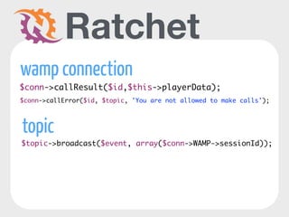 WAMP 
Web Application Messaging Protocol 
Remote Procedure Calls 
Publish & Subscribe 
autobahn.js 
 