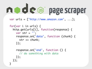 page scraper 
var urls = ['http://www.amazon.com', ...]; 
! 
for(var i in urls) { 
http.get(urls[i], function(response) { 
var str = ''; 
response.on('data', function (chunk) { 
str += chunk; 
}); 
! 
response.on('end', function () { 
// do something with data 
}); 
}); 
} 
 