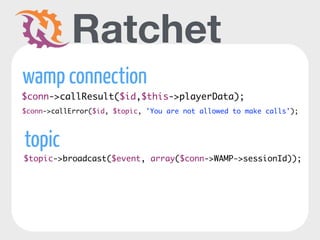 Ratchet 
$socketServer = new ReactSocketServer($loop); 
$socketServer->listen(8080, '0.0.0.0'); 
$wampServer = new IoServe...