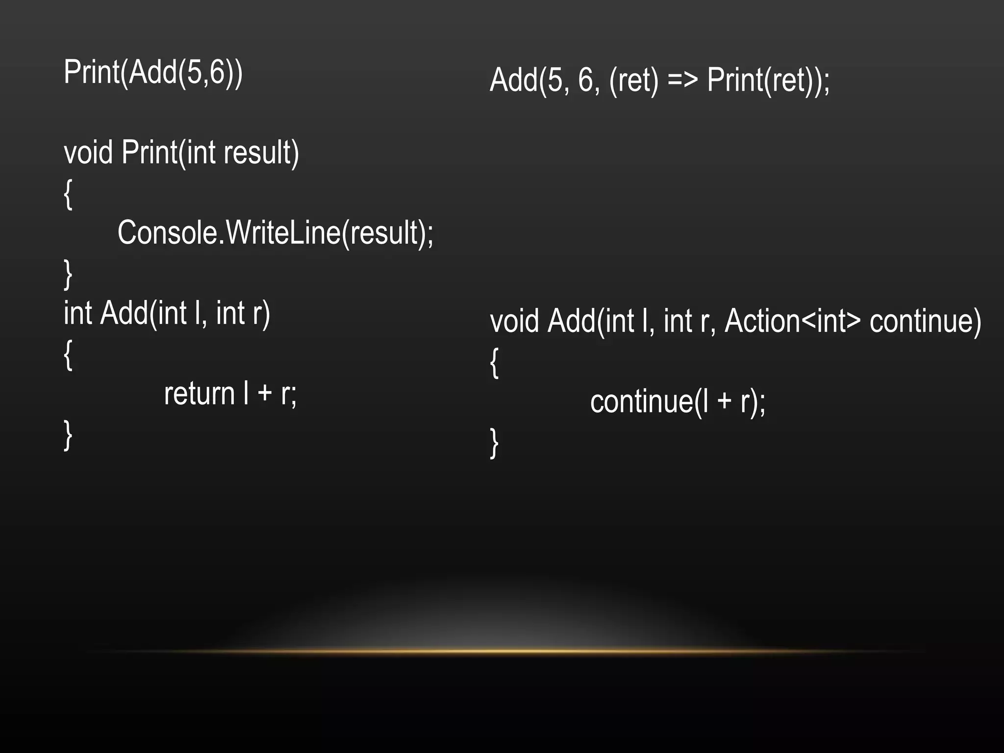 Print(Add(5,6)) void Print(int result) { Console.WriteLine(result); } int Add(int l, int r) { return l + r; } Add(5, 6, (ret) => Print(ret)); void Add(int l, int r, Action<int> continue) { continue(l + r); } 
