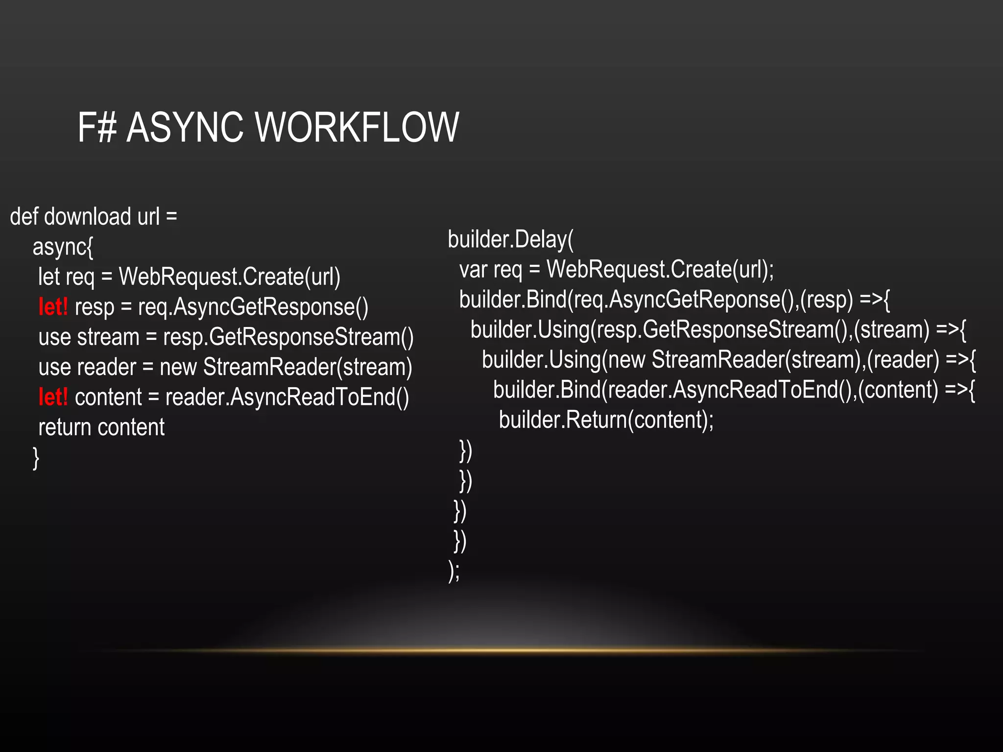 F# ASYNC WORKFLOW def download url = async{ let req = WebRequest.Create(url) let!  resp = req.AsyncGetResponse() use stream = resp.GetResponseStream() use reader = new StreamReader(stream) let!  content = reader.AsyncReadToEnd() return content } builder.Delay( var req = WebRequest.Create(url); builder.Bind(req.AsyncGetReponse(),(resp) =>{ builder.Using(resp.GetResponseStream(),(stream) =>{ builder.Using(new StreamReader(stream),(reader) =>{ builder.Bind(reader.AsyncReadToEnd(),(content) =>{ builder.Return(content);  })  }) })  })  ); 