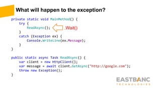 What will happen to the exception?
private static void MainMethod() {
try {
ReadAsync();
}
catch (Exception ex) {
Console.WriteLine(ex.Message);
}
}
public static async Task ReadAsync() {
var client = new HttpClient();
var message = await client.GetAsync("http://google.com");
throw new Exception();
}
.Wait()
 