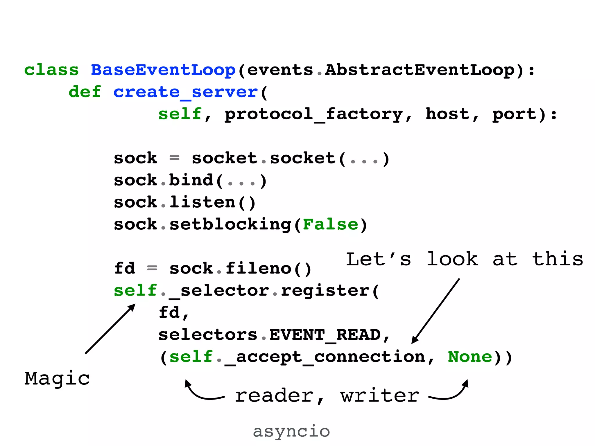 class BaseEventLoop(events.AbstractEventLoop):!
def create_server(!
self, protocol_factory, host, port):!
!
sock = socket.socket(...)!
sock.bind(...)!
sock.listen()!
sock.setblocking(False)!
!
fd = sock.fileno()!
self._selector.register(!
fd,!
selectors.EVENT_READ,!
(self._accept_connection, None))!
Magic
Let’s look at this
asyncio
reader, writer
 