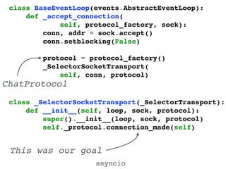 asyncio
class BaseEventLoop(events.AbstractEventLoop):!
def _accept_connection(!
self, protocol_factory, sock):!
conn, addr = sock.accept()!
conn.setblocking(False)!
!
protocol = protocol_factory()!
_SelectorSocketTransport(!
self, conn, protocol)!
class _SelectorSocketTransport(_SelectorTransport):!
def __init__(self, loop, sock, protocol):!
super().__init__(loop, sock, protocol)!
self._protocol.connection_made(self)!
ChatProtocol
This was our goal
 