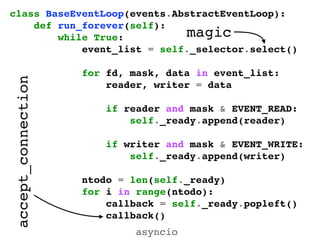 asyncio
magic
class BaseEventLoop(events.AbstractEventLoop):!
def run_forever(self):!
while True:!
event_list = self._selector.select()!
!
for fd, mask, data in event_list:!
reader, writer = data!
!
if reader and mask & EVENT_READ:!
self._ready.append(reader)!
!
if writer and mask & EVENT_WRITE:!
self._ready.append(writer)!
!
ntodo = len(self._ready)!
for i in range(ntodo):!
callback = self._ready.popleft()!
callback()!
accept_connection
 