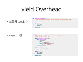 yield Overhead
• 보통의 sync함수
• async 버전
 